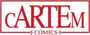 logo cartem comics transparente con letras rojas