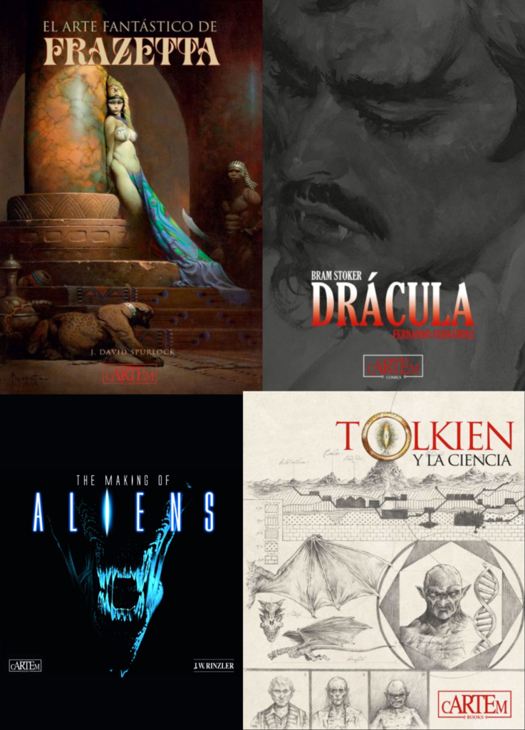 conjunto de los 4 lanzamientos de cartem comics de 2021: el arte fantastico de frazetta, dracula, the making of aliens, tolkien y la ciencia